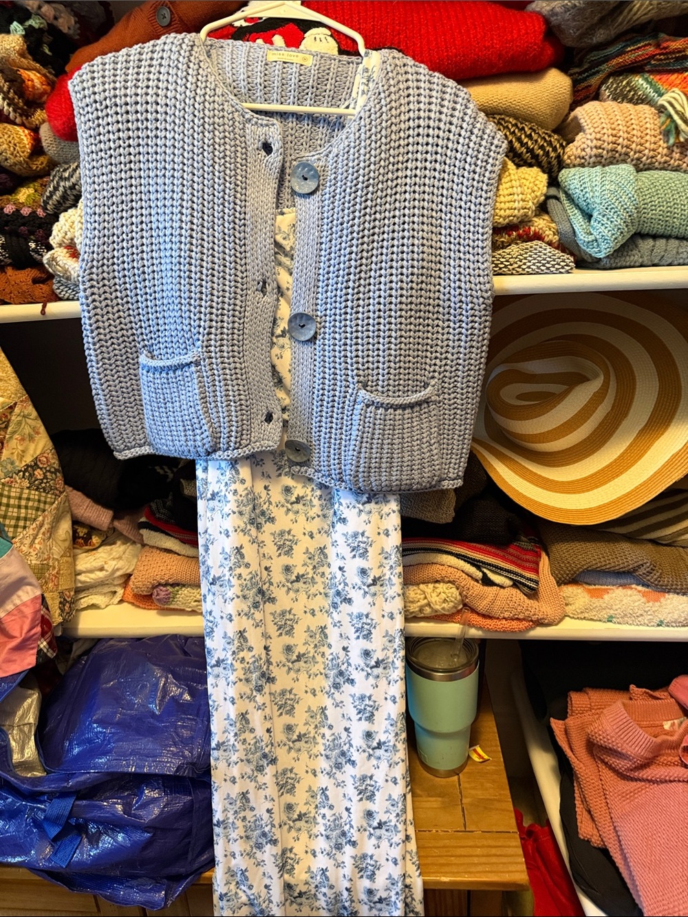 Light Blue Floral Maxi Dress with Knit Vest